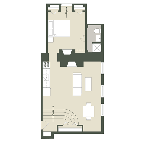 Floor plan for 1 bed, 1 bath, 600 sqft